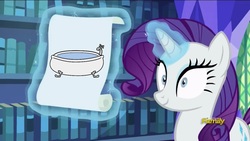 Size: 1366x768 | Tagged: safe, edit, edited screencap, screencap, rarity, every little thing she does, g4, bath, bathtub, discovery family logo, drawing, female, fiducia compellia, hypnosis, hypnotized, pun, solo, visual pun