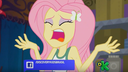 Size: 770x434 | Tagged: safe, screencap, fluttershy, equestria girls, g4, my little pony equestria girls: legend of everfree, discovery kids, female, open mouth, solo