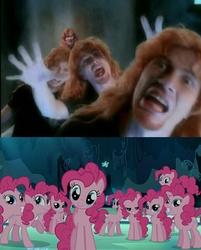 Size: 720x897 | Tagged: safe, edit, edited screencap, screencap, pinkie pie, earth pony, pony, g4, too many pinkie pies, clone, dave mustaine, female, heavy metal, mare, megadeth, metal, multeity, pinkie clone, ponk, sweating bullets, thrash metal, too much pink energy is dangerous