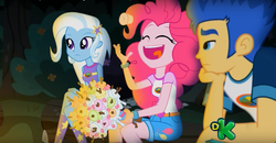 Size: 1262x654 | Tagged: safe, screencap, flash sentry, pinkie pie, trixie, equestria girls, g4, my little pony equestria girls: legend of everfree, discovery kids, faic, food, marshmallow, pinkie being pinkie