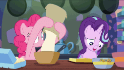 Size: 640x360 | Tagged: safe, screencap, pinkie pie, starlight glimmer, pony, every little thing she does, g4, animated, baking, female, fiducia compellia, flour, gif, hypnosis, hypnotized, loop