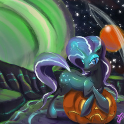 Size: 1280x1280 | Tagged: safe, artist:outofjpsfro, nightmare rarity, rarity, g4, female, food, halloween, holiday, jack-o-lantern, pumpkin, solo