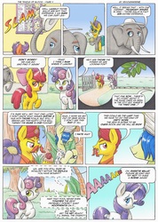 Size: 3485x4900 | Tagged: safe, artist:xeviousgreenii, apple bloom, rarity, scootaloo, sweetie belle, oc, oc:trunkington, oc:zircon glaze, elephant, comic:the temple of bloom, g4, adorabloom, comic, cute, cutealoo, cutie mark, diasweetes, facial hair, monocle, moustache, panama hat, the cmc's cutie marks, turban