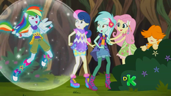 Size: 1366x768 | Tagged: safe, screencap, bon bon, fluttershy, lyra heartstrings, rainbow dash, sweetie drops, valhallen, equestria girls, g4, my little pony equestria girls: legend of everfree, camp fashion show outfit, clothes, converse, discovery kids, female, male, shoes, sneakers