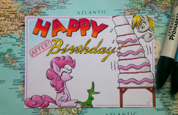 Size: 2560x1660 | Tagged: safe, artist:xeviousgreenii, derpy hooves, gummy, pinkie pie, pegasus, pony, g4, birthday cake, birthday card, cake, female, food, happy birthday, irl, map, mare, photo