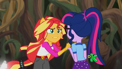 Size: 1366x768 | Tagged: safe, screencap, sci-twi, sunset shimmer, twilight sparkle, equestria girls, g4, my little pony equestria girls: legend of everfree, discovery kids, ponied up