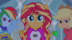 Size: 1366x768 | Tagged: safe, screencap, applejack, rainbow dash, sunset shimmer, equestria girls, g4, my little pony equestria girls: legend of everfree, camp fashion show outfit, discovery kids, female, ponied up