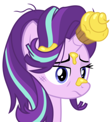 Size: 1747x1900 | Tagged: safe, artist:sketchmcreations, starlight glimmer, pony, every little thing she does, g4, cupcake, cupcakeglimmer, female, food, horn, horn guard, horn impalement, messy, messy mane, simple background, solo, tired, transparent background, vector