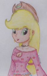 Size: 754x1200 | Tagged: safe, artist:marta4708, applejack, equestria girls, g4, my little pony equestria girls: legend of everfree, camp fashion show outfit, female, solo, traditional art