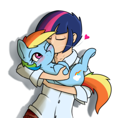 Size: 1633x1573 | Tagged: safe, artist:captainpudgemuffin, rainbow dash, twilight sparkle, human, pony, g4, blushing, cheek kiss, cute, dashabetes, female, heart, holding a pony, humanized, interspecies, kissing, lesbian, mare, ship:twidash, shipping, twiabetes