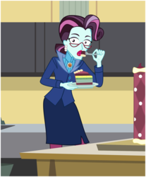 Size: 1237x1495 | Tagged: artist needed, safe, principal abacus cinch, acadeca, equestria girls, g4, my little pony equestria girls: friendship games, cake, caught, eating, female, food, glasses, oops, plate, shocked, solo, ummm what did i do