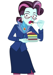 Size: 595x842 | Tagged: artist needed, safe, principal abacus cinch, equestria girls, g4, my little pony equestria girls: friendship games, .svg available, cake, caught, ear piercing, earring, eating, female, food, glasses, jewelry, lipstick, makeup, piercing, plate, shocked, simple background, solo, svg, transparent background, vector