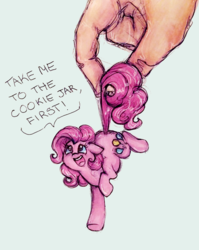 Size: 651x818 | Tagged: safe, artist:buttersprinkle, pinkie pie, earth pony, human, pony, g4, cute, dialogue, diapinkes, female, floppy ears, hand, in goliath's palm, looking up, mare, micro, open mouth, size difference, smiling, tail, tail pull, text, tiny, tiny ponies, traditional art