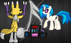 Size: 1238x757 | Tagged: safe, artist:rainofbladess, dj pon-3, vinyl scratch, pony, renamon, unicorn, g4, crossover, dancing, digimon, dubstep, duo, female, gray background, mare, music, radio, simple background, sunglasses