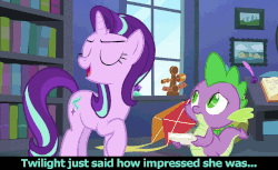 Size: 960x588 | Tagged: safe, edit, edited screencap, screencap, rainbow dash, spike, starlight glimmer, butterfly, every little thing she does, g4, animated, book, caption, comic, concerned, cute, excited, flash cards, gif, glimmerbetes, happy, kite, library, magic, picture, plant, screencap comic, smug, smuglight glimmer, starlight's room, text, twilight's castle