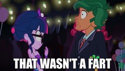 Size: 1366x768 | Tagged: safe, edit, edited screencap, screencap, gloriosa daisy, sci-twi, timber spruce, twilight sparkle, equestria girls, g4, my little pony equestria girls: legend of everfree, caption, discovery kids, faic, image macro, implied sharting, meme, that wasn't a fart