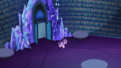 Size: 1280x720 | Tagged: safe, screencap, starlight glimmer, pony, unicorn, every little thing she does, g4, alone, book, door, female, high angle, library, mare, solo, stressed, table, twilight's castle, twilight's castle library, worried