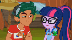 Size: 400x225 | Tagged: safe, screencap, sci-twi, timber spruce, twilight sparkle, equestria girls, g4, my little pony equestria girls: legend of everfree, animated, discovery kids, eyebrow wiggle, female, gif, glasses, male, shipping, straight, timbertwi