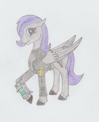 Size: 696x856 | Tagged: safe, artist:agentappleblanket, oc, oc only, oc:morning glory (project horizons), pegasus, pony, fallout equestria, fallout equestria: project horizons, branded, enclave, energy weapon, grand pegasus enclave, laser pistol, pencil drawing, traditional art, weapon