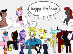 Size: 1299x963 | Tagged: safe, artist:ask-luciavampire, oc, oc only, alicorn, pegasus, pony, unicorn, vampire, vampony, tumblr:ask-luciavampire, alicorn oc, banner, beret, birthday, birthday cake, birthday candles, cake, food, happy birthday, hat, perfectly balanced as all things should be, sitting, tumblr