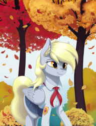 Size: 2500x3267 | Tagged: safe, artist:mrscroup, derpy hooves, pegasus, pony, g4, autumn, clothes, everlasting summer, female, high res, leaves, mare, pioneer, red scarf, solo, soviet, tree, young pioneer