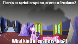 Size: 1280x720 | Tagged: safe, edit, edited screencap, screencap, pinkie pie, starlight glimmer, every little thing she does, g4, caption, fiducia compellia, fire alarm, mind control, safety violation, smoke