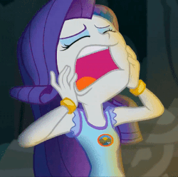 Size: 400x396 | Tagged: safe, screencap, rarity, equestria girls, g4, my little pony equestria girls: legend of everfree, animated, bracelet, cropped, eyes closed, female, frown, gif, jewelry, marshmelodrama, open mouth, screaming, solo