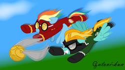 Size: 2846x1600 | Tagged: safe, artist:gutovi, lightning dust, rainbow dash, pegasus, pony, g4, clothes, competition, crossover, duo, flight suit, goggles, golden snitch, gryffindor, harry potter (series), quidditch, signature, slytherin