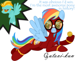 Size: 2917x2396 | Tagged: safe, artist:gutovi, lightning dust, rainbow dash, pegasus, pony, g4, bragging, clothes, crossover, dialogue, flight suit, goggles, golden snitch, grumpy, gryffindor, harry potter (series), high res, quidditch, signature, simple background, transparent background