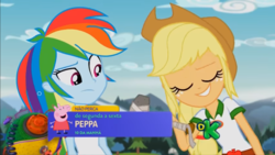 Size: 1366x768 | Tagged: safe, screencap, applejack, rainbow dash, equestria girls, g4, my little pony equestria girls: legend of everfree, camp everfree outfits, discovery kids, female, hammer, peppa pig, peppa pig (character), portuguese