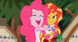 Size: 1356x729 | Tagged: safe, screencap, pinkie pie, sunset shimmer, equestria girls, g4, my little pony equestria girls: legend of everfree, cute, discovery kids, hug, shimmerbetes, smug
