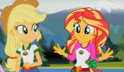 Size: 1253x727 | Tagged: safe, screencap, applejack, sunset shimmer, equestria girls, g4, my little pony equestria girls: legend of everfree, cute, discovery kids, jazz hands, shimmerbetes