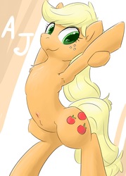 Size: 1463x2048 | Tagged: safe, artist:gamijack, applejack, pony, g4, armpits, backbend, belly, belly button, bipedal, female, looking at you, solo, stretching