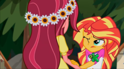 Size: 1366x768 | Tagged: safe, screencap, gloriosa daisy, sunset shimmer, equestria girls, g4, my little pony equestria girls: legend of everfree, background human, discovery kids, faic