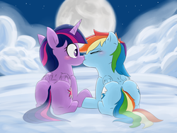 Size: 2000x1500 | Tagged: safe, artist:gamijack, rainbow dash, twilight sparkle, alicorn, pony, g4, blushing, both cutie marks, butt, cloud, eyes closed, female, kiss on the lips, kissing, lesbian, mare, moon, plot, prone, rainbutt dash, ship:twidash, shipping, the ass was fat, twibutt, twilight sparkle (alicorn), wide eyes