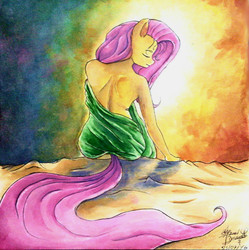 Size: 1520x1528 | Tagged: safe, artist:mannybcadavera, fluttershy, anthro, g4, artistic nudity, blanket, eyes closed, female, morning, rear view, sitting, solo, traditional art, turned head, watercolor painting