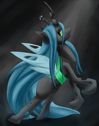 Size: 1617x2048 | Tagged: safe, artist:gamijack, queen chrysalis, changeling, changeling queen, g4, crepuscular rays, crown, female, jewelry, rearing, regalia, solo