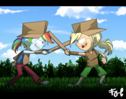 Size: 1024x805 | Tagged: safe, artist:fj-c, applejack, rainbow dash, equestria girls, g4, cardboard box, clothes, converse, fencing, grin, shoes, smiling, wooden sword, younger