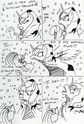 Size: 1627x2397 | Tagged: safe, artist:kuroneko, princess luna, snowfall frost, spirit of hearth's warming yet to come, starlight glimmer, alicorn, pony, unicorn, a hearth's warming tail, g4, :t, black and white, comic, dialogue, female, grayscale, mare, monochrome, snow, snowfall, traditional art
