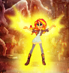 Size: 1720x1827 | Tagged: dead source, safe, artist:asika-aida, sunset shimmer, equestria girls, g4, beautiful, cute, female, glowing, happy, shimmerbetes, smiling, snow, solo, sunset phoenix, sunshine shimmer