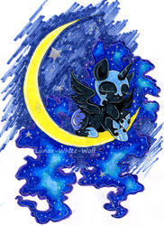 Size: 2395x3288 | Tagged: safe, artist:lunar-white-wolf, nightmare moon, g4, crescent moon, eyes closed, female, high res, moon, prone, solo, spread wings, tangible heavenly object, traditional art