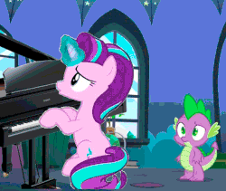 Size: 600x507 | Tagged: safe, edit, edited screencap, screencap, spike, starlight glimmer, every little thing she does, g4, animated, gif, musical instrument, needs more jpeg, piano, starlight's room