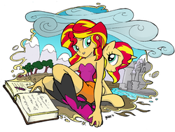 Size: 2000x1513 | Tagged: safe, artist:yewdee, sunset shimmer, human, pony, unicorn, equestria girls, g4, beautiful, book, boots, clothes, human ponidox, reading, skirt