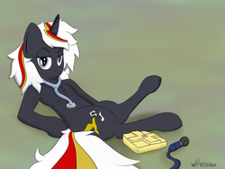 Size: 1024x768 | Tagged: safe, artist:xwoofyhoundx, oc, oc only, oc:velvet remedy, pony, unicorn, fallout equestria, chest fluff, fanfic, fanfic art, female, hooves, horn, lying down, mare, medkit, microphone, saddle bag, solo, stethoscope