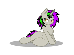 Size: 1600x1200 | Tagged: safe, artist:flutternom, artist:joey darkmeat, oc, oc only, oc:frenzy nuke, pony, unicorn, base used, bedroom eyes, side-sitting, simple background, smiling, solo, white background