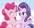 Size: 2048x1707 | Tagged: safe, artist:gamijack, pinkie pie, starlight glimmer, earth pony, pony, unicorn, g4, blushing, cake, chest fluff, eyes closed, female, food, glimmerpie, grin, lesbian, mare, shipping, sitting, smiling