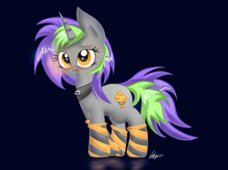 Size: 1600x1198 | Tagged: safe, artist:bbp, oc, oc only, oc:frenzy nuke, pony, unicorn, blushing, clothes, collar, socks, striped socks