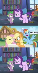 Size: 1500x2855 | Tagged: safe, edit, edited screencap, hundreds of users filter this tag, screencap, applejack, fluttershy, rainbow dash, spike, starlight glimmer, pony, unicorn, every little thing she does, g4, angry, card, image macro, imminent kissing, just do it, male, meme, screencap comic, shia labeouf, ship:sparlight, shipper on deck, shipping, starlight's room, straight, yelling