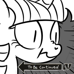 Size: 500x500 | Tagged: safe, artist:creepycurse, twilight sparkle, g4, female, jojo's bizarre adventure, meme, monochrome, nervous, roundabout, scrunchy face, solo, surprised, to be continued