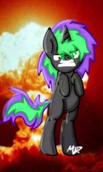 Size: 576x960 | Tagged: artist needed, safe, oc, oc only, oc:frenzy nuke, pony, unicorn, angry, explosion, peeved, solo, standing